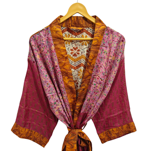 Indian Robe Floral <b>Silk</b> Sari <b>Kimono</b> Vintage Sari Robe Soft Beach Party Gown Indian Handmade <b>Silk</b> <b>Kimono</b> - Product Image 1