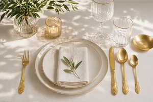 Set di posate da 4 pezzi in acciaio inossidabile dorato resistente, stile lusso elegante da matrimonio, rivestimento PDV, finitura opaca barocca di Excels - Product Image 4