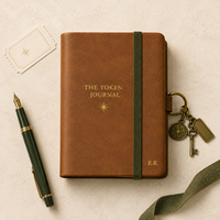 LABON Couverture de carnet en cuir PU personnalisable à trois volets, rechargeable, avec monogramme en feuille d'or, breloques en laiton et attache stylo, idéale pour les voyages
