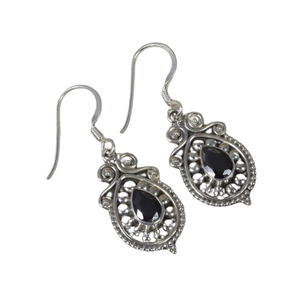 Boucles d'oreilles Onyx noir 925 argent Sterling pierres précieuses crochet boucle d'oreille juillet pierre de naissance Marquise forme bijoux faits à la main cadeau pour noël - Product Image 1