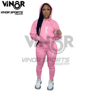 Sudadera con capucha y pantalones ajustados apilados para mujer, chándal deportivo con estampado de letras rosas, traje de 2 piezas de moda, ropa informal para Fitness - Product Image 2