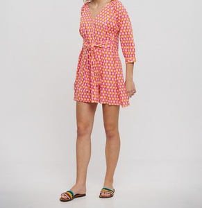 Short V-neck Paisley Bohemian <b>Dress</b> with Half Sleeve & Belt 100% Cotton Woven T-Shirt Style Blouse - Product Image 2
