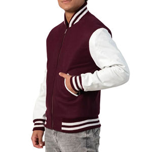 Chaqueta Varsity Unisex con Cierre, Cuerpo de Lana Melton, Mangas de Cuero, Ribete Acanalado, Forro Acolchado, Estilo Universitario Vintage, Diseño de Parches - Product Image 5