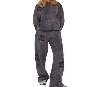 Offre Spéciale professionnel deux pièces détresse broderie survêtements fermeture éclair mode décontractée soleil fondu lavage à l'acide - Product Image 4