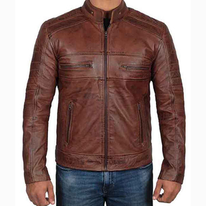 Men's Leather Jacket Genuine Leather <b>Cow</b> Skin Classic Vintage Style Stand Collar Front Logo DDP Shipping - Product Image 2