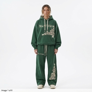 Ensemble survêtement streetwear oversize en molleton de coton vert foncé avec strass floraux pour femme, personnalisable, vente en gros OEM - Product Image 1