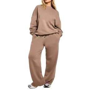 Ensemble de survêtement personnalisé pour femme 2026 : sweat-shirt oversize à col rond et pantalon de jogging droit en molleton de coton imprimé et brodé - Product Image 1