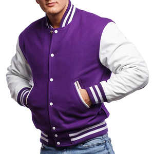 พรีเมี่ยมคุณภาพ Letterman เบสบอลโรงเรียนวิทยาลัย Bomber เสื้อแจ็คเก็ตตัวแทนสีม่วงและสีขาวแจ็คเก็ตแขนหนังแท้ - Product Image 1