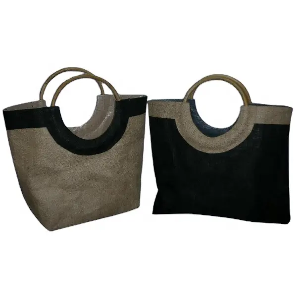 Legno forma rotonda bastone manico due colori PP laminato juta Tote Bag spiaggia borsa alla moda per le femmine