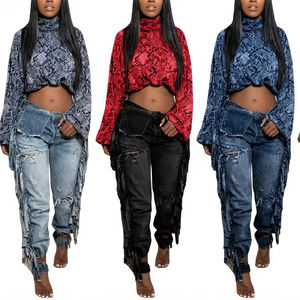 Conjunto de Dos Piezas de Mezclilla para Mujer, Diseño Personalizado, Color Liso, Top Corto, Corte Ajustado, Color Azul, Patchwork - Product Image 1