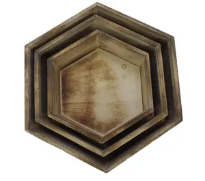 高品质畅销棕色水洗六角形相思木板条箱一套3个室内展示带花花盆