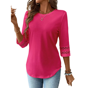 Chemise décontractée pour femme à manches trois quarts, col rond, coupe régulière, avec détails en dentelle, coupe ajustée, élégante pour le printemps, mode quotidienne - Product Image 1