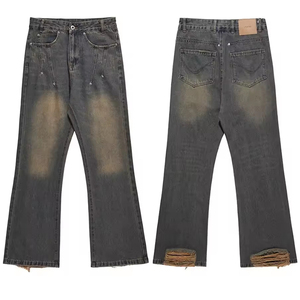 Venta al por mayor de pantalones vaqueros hechos a medida en cantidad a granel pantalones vaqueros lavados con ácido estilo casual pantalones vaqueros rectos a rayas curvas - Product Image 1