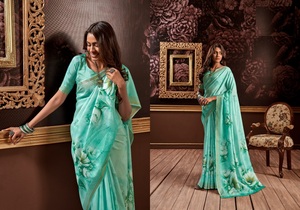 Rajpath Pure Hand loom Silk avec une incroyable bordure à rayures numériques florales et saris - Product Image 4