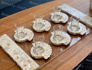 Juego de bandeja de servicio de seis platos ecológica hecha a mano, acrílico decorativo de madera con mango de nácar y posavasos - Product Image 4