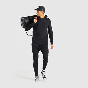 Sweat-shirt à capuche pour hommes personnalisé de couleur unie noir à fente latérale épaule tombante pull à manches longues poche avant hiver imprimé - Product Image 1