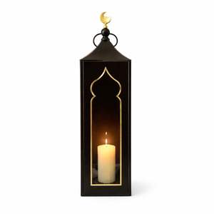 <b>Black</b> Gold Finish Metal Moroccan <b>Lantern</b> with Crescent Top Tall Design Warm <b>Candle</b> Glow Luxury Festive Home Decor - Product Image 1