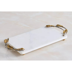 Elegant White Marble Serving Tray Gold Leaf Metal Handles Handcrafted Natural Stone Decorative Item for Home Hotel for Weddings - Product Image 1