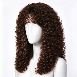 Peluca de Cabello Humano Largo y Rizado Marrón Oscuro con Flequillo Despeinado - Product Image 3