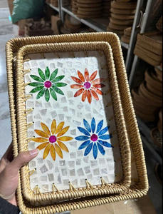 Bandeja de Servir de Bambú Hecha a Mano Ecológica, Tejida con Paja y Ratán, Incrustada con Madreperla, Venta al por Mayor - Product Image 6