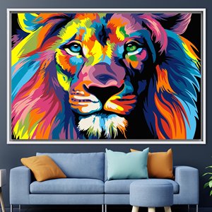 Toile d'art abstraite moderne avec motif de lion - Décoration murale imprimée colorée, 1P : encadré blanc - Product Image 1