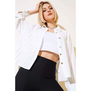 Camisa viscosa de punto de popelina de seda satinada a rayas brillantes blancas con cuello levantado de logotipo bordado longitud larga talla XL para otoño - Product Image 4