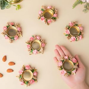Elegant Metal Flower <b>Tea</b> Light Holder <b>Stand</b> Set of 6 Pcs with Wax Candle for Christmas, Diwali, Weddings & Home Decoration - Product Image 2
