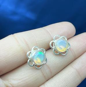 925 Sterling Silver Bohemian Real <b>Opal</b> Stud <b>Earrings</b> Small Gemstone Bezel Setting for Engagement Anniversaries Parties Gifts - Product Image 3