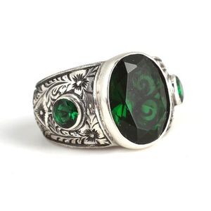 Handcrafted 925 Sterling <b>Silver</b> Men's <b>Ring</b> with Green <b>Emerald</b> Stone & Bezel-Set Engraved Design - Product Image 2