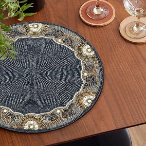 Glass Beaded Placemat for <b>Dining</b> <b>Table</b> Blue <b>White</b> & Gold for Gathering Decoration & Family Parties Celebration Thanksgiving - Product Image 3