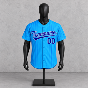 Custom Men's Baseball Jersey Blue <b>Striped</b> V-Neck Short Sleeve Polyester Breathable Teamname 00 Front Print Regular Fit - Product Image 1