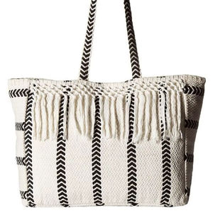 Black And White <b>Fringe</b> Boho Tote Bag With Woven Stripe Pattern & Top <b>Fringe</b> Detail Crafted From Woven Cotton For Everyday Carry - Product Image 1