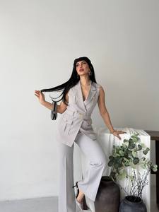 Elegant Women's Sleeveless <b>Blazer</b> Vest With Wide Leg Trousers <b>Set</b> Solid Gray V-Neck Button Front Satin Suit Regular Fit Wear - Product Image 5