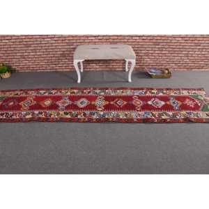 Alfombra de 2.6x10.7 pies, Alfombra Turca Herki, Alfombra Floral de Lana Roja Vintage - Product Image 3