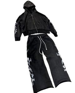 Customizable <b>Zip</b>-up Men's Tracksuit 100% Cotton Rhinestone Acid Washed Effect <b>Hooded</b> Collar Breathable Quick Dry Solid Pattern - Product Image 1