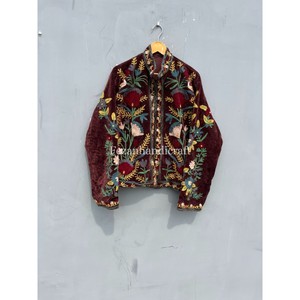 Luxury Unisex Cotton Velvet Jacket with Hand Embroidery Uzbek Suzani Style Autumn Boho Casual <b>Coat</b> for Women Knitted Processing - Product Image 2