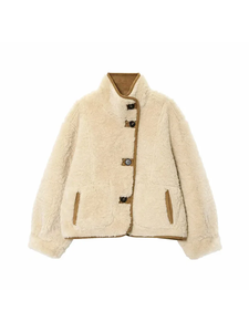 Women 2025 Double Sided Wear Lamb <b>Velvet</b> Coat Women Fashion Stand Collar Single Breasted Pocket Short <b>Jacket</b> <b>Lady</b> Outerwear - Product Image 2