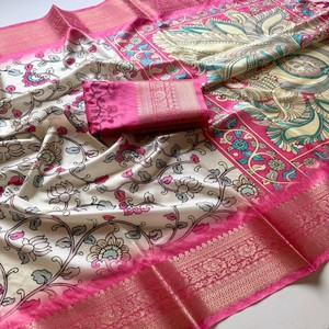 ผ้าไหมลิ้นจี่เนื้อนุ่มพิเศษ พร้อมลายพิชไวแบบดิจิทัล คัลลัมคารี  ขอบผ้าแจ็คการ์ดหรูหรา ลายพิมพ์ทั้งสองด้านเหมือนกัน ดีไซน์พรีเมียมสำหรับผ้าส่าหรี - Product Image 2