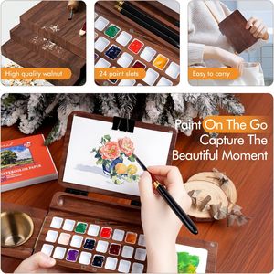 Boîte de <span class=keywords><strong>palette</strong></span> de peinture pliable en <span class=keywords><strong>bois</strong></span> de noyer gravée à 24 compartiments, <span class=keywords><strong>petite</strong></span> <span class=keywords><strong>palette</strong></span> d'aquarelle pour peinture à l'air - Product Image 5