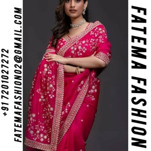 Dernier modèle de sari indien en organza pour femmes, de qualité supérieure, pour les fêtes et les mariages, avec de belles broderies, non cousu, lavable - Product Image 2