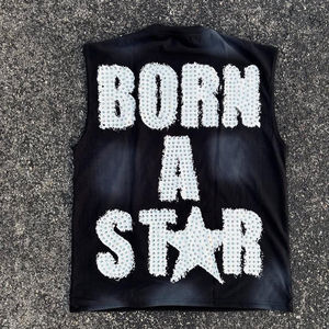 Venta al por mayor Vintage Acid Wash Serigrafía Chaleco Rhinestone hombres Short Street Style chándal en blanco para hombres - Product Image 2