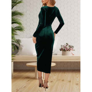 Robe mi-longue en velours pour femme, col enroulé, taille froncée, manches longues, 27722 - Vert - Product Image 2