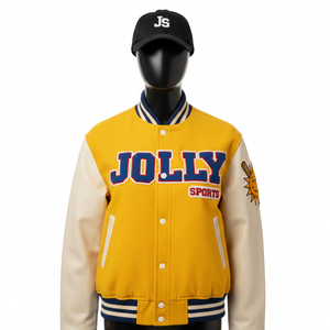 Veste universitaire pour femmes Tissu mélangé de laine de haute qualité Manches en cuir PU Panneaux contrastés jaunes Logo personnalisé Vestes universitaires pour femmes - Product Image 6