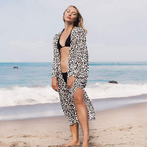 Robe longue élégante d'été pour femme, imprimé léopard, décontractée, style kimono, paréo de plage - Product Image 5