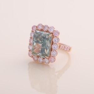 IGI Certified Radiant Cut Green Lab Grown Diamond Double <b>Pink</b> Halo Engagement - Wedding Ring in 14K Rose / White & Yellow Gold - Product Image 6