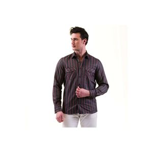 Chemise Slim Fit Western en laine à chevrons rayée rouge noire avec poche détaillée pour l'hiver - Product Image 2