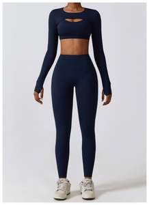 ชุดครอปเอวสูงสำหรับผู้หญิงชุดครอปและกางเกงฟิตเนสโยคะชุดออกกำลังกายแบบไม่มีตะเข็บเอวสูง OEM - Product Image 3