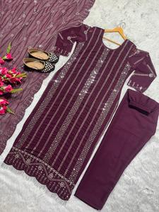 Presenting Heavy Designer Faux Georgette Heavy Embroidery Sequence Work Long Top <b>and</b> Pant With Sequence Cut Work Dupatta - Product Image 6