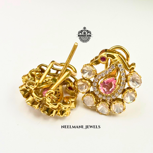 Peacock Design Gold Plated <b>Stud</b> Earrings Cute Animal Shape Pear Cut Diamond <b>Emerald</b> Set in Bezel Setting for Wedding Engagement - Product Image 4