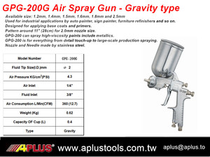 Pistolet de pulvérisation pneumatique professionnel APLUS GPG-K200G, 0,62 kg, capacité 0,4 L, buse 2,0 mm, pression maximale 43 psi, pour automobile, signalétique et mobilier - Product Image 2